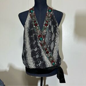 bebe Black and White Snake Print Beaded Top